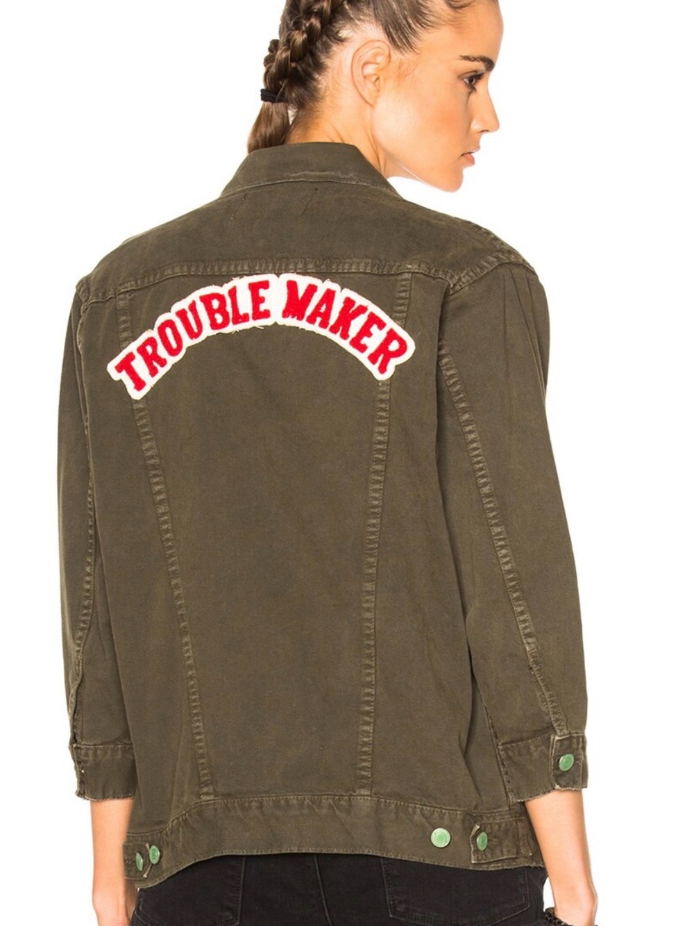Sandrine Rose "Trouble Maker" Girl Gang Denim Jacket in Olive Size M